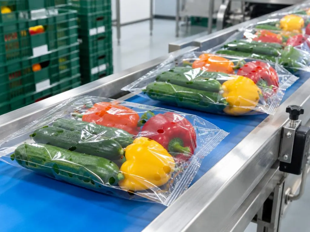 Gurken und Peperoni in perforierter Flowpack-Folie auf einem Förderband