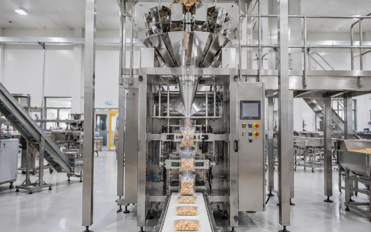 Vertikale Schlauchbeutelmaschine: Produkt fällt von oben durch das Formrohr in Folienbeutel